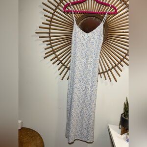 90’s Style Ditsy Floral Spaghetti Strap MIDI Slip Dress Baby Blue Tie Back Sz M